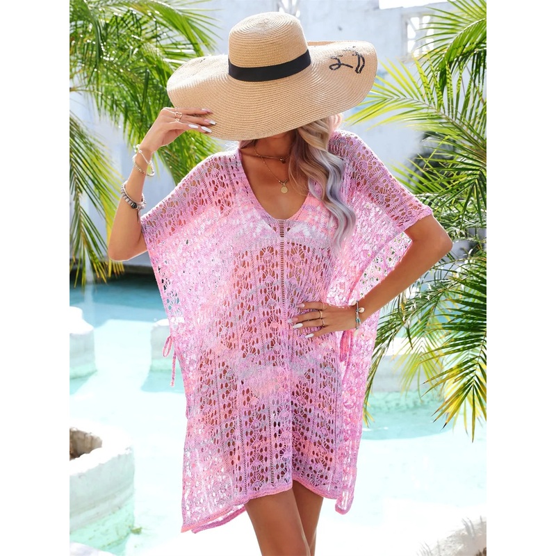 Angel Wings Slit Openwork V-Neck Cover Up Pink One Size