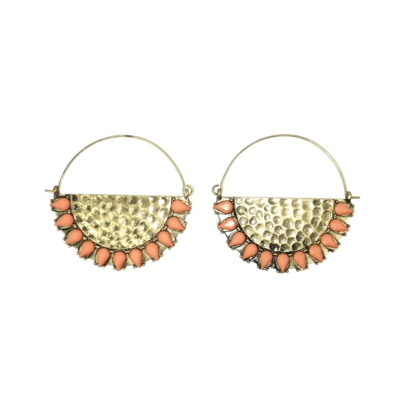 Gold and Coral Hoop Earrings with Gold Semi Circle