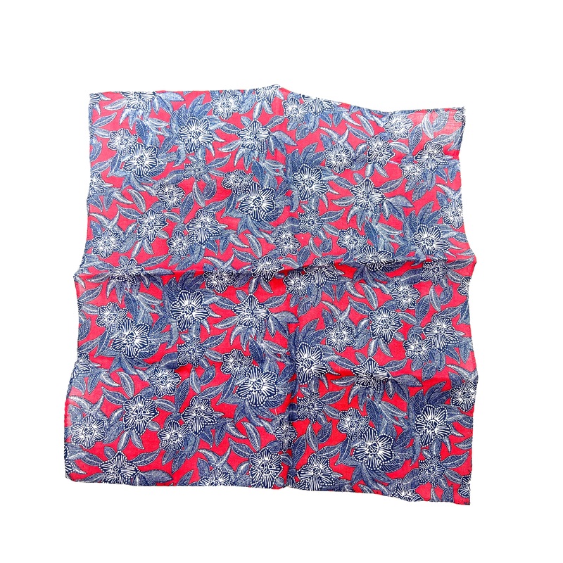 MENS Red Pocket Square With Navy Floral Design