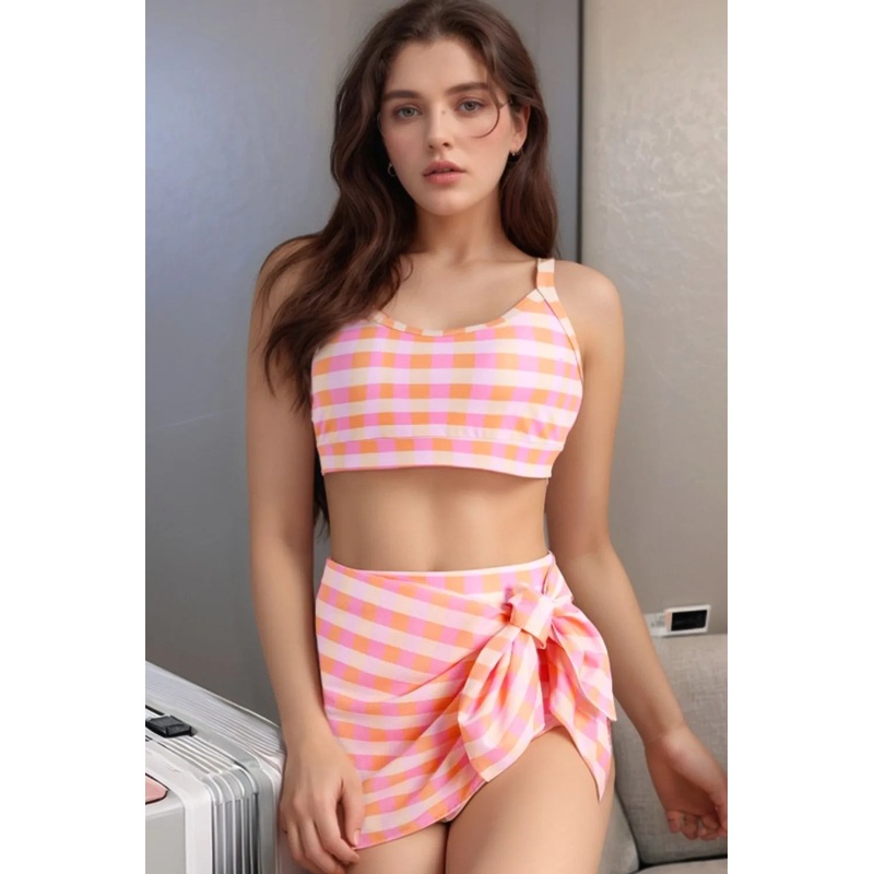 Plaid Print High Waist Bikini Set Watermelon pink S