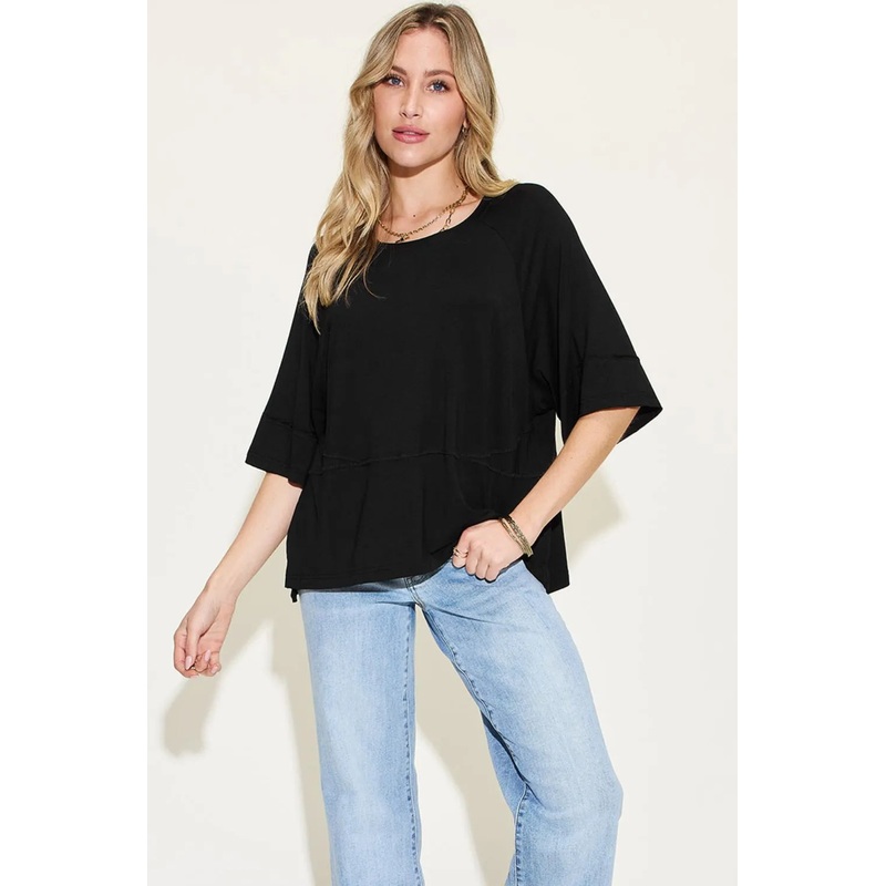 Basic Bae Full Size Bamboo Round Neck Exposed Seam T-Shirt Plus Size Black S