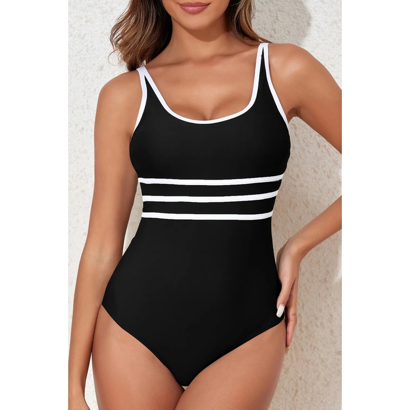 Contrast Trim Scoop Neck One-Piece Swimwear Black S