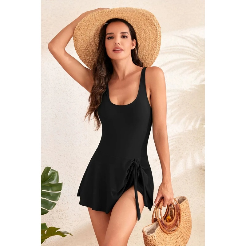 Drawstring Scoop Neck Wide Strap One-Piece Swimwear Black S