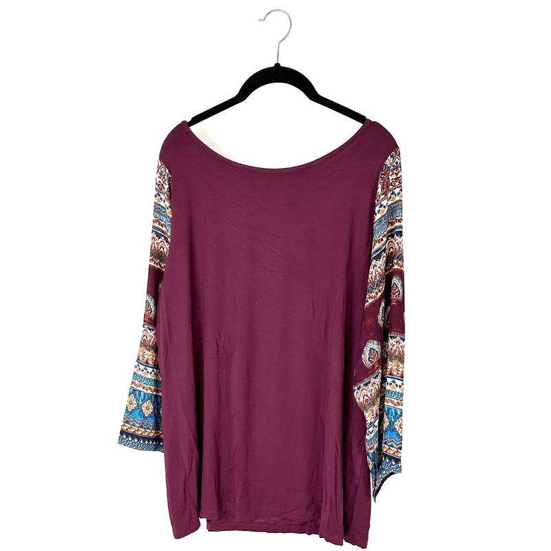 Long Sleeve Maroon and Abstract Pattern Shirt – Size 14-16