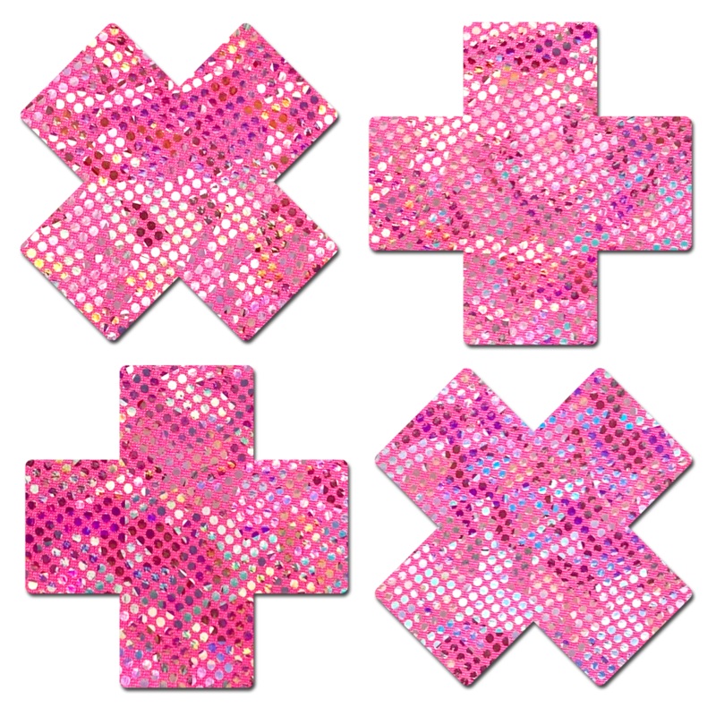 Petite Plus X: Two Pair of Small Shattered Glass Disco Ball Glitter Pink Cross Nipple Pasties by Pastease o/s