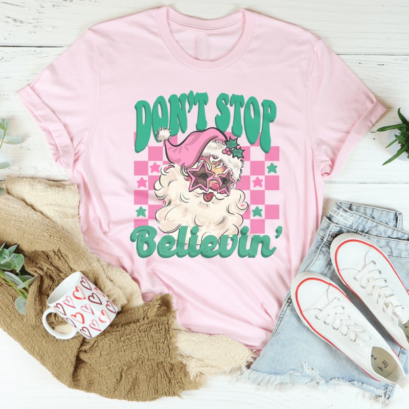 Don’t Stop Believin Pink Santa Tee Black Heather S