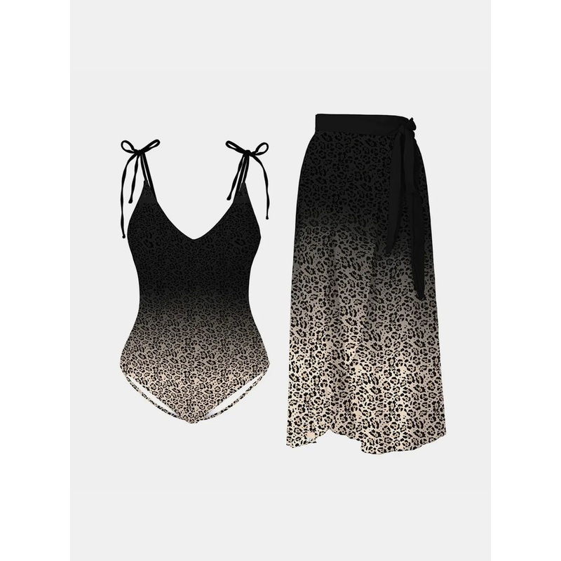 FAM-FAM Leopard Tie Shoulder Swimwear and Skirt Swim Set Black S