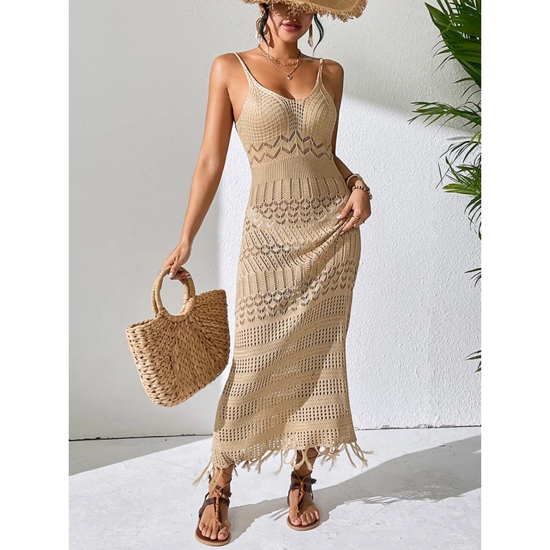 Openwork Scoop Neck Cover-Up Dress Camel S