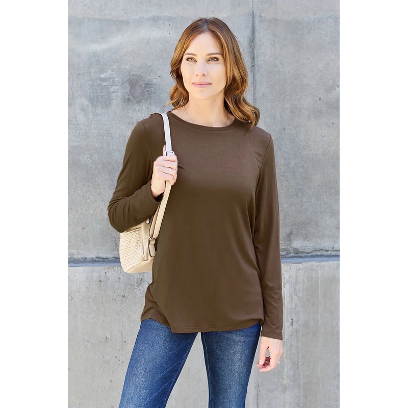 Basic Bae Full Size Round Neck Long Sleeve Top Dark Brown S