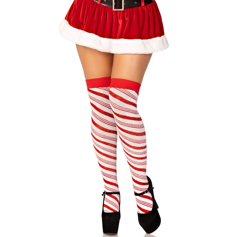 Candy Cane Lurex Striped Socks – Over the Knee – Os – White/red