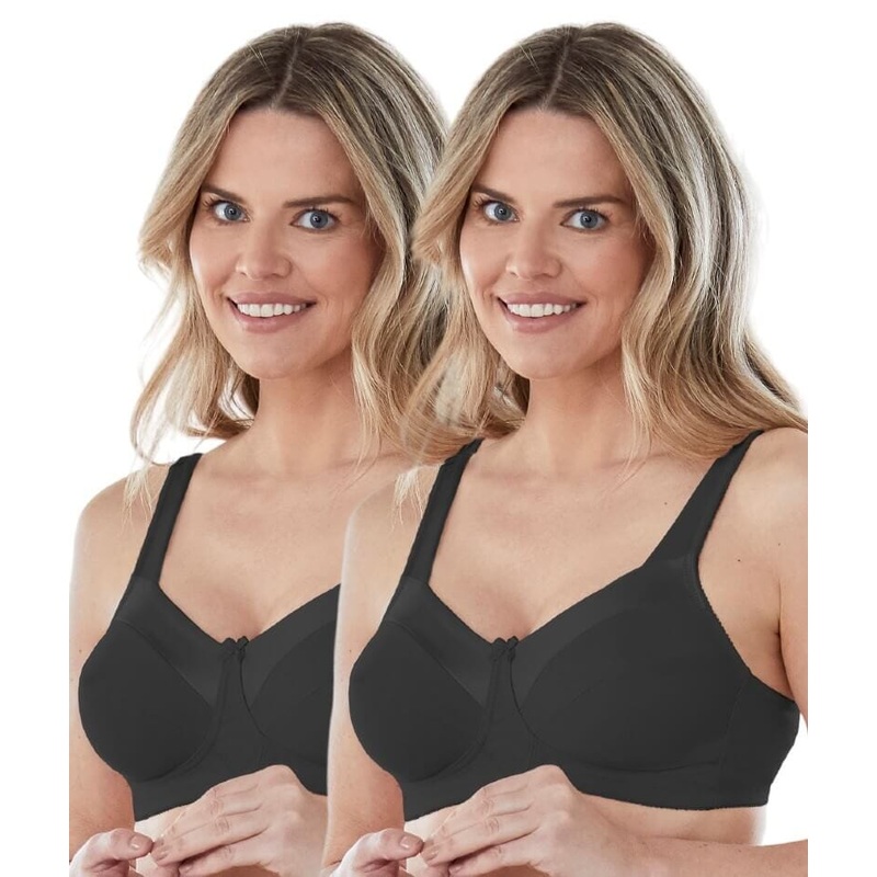 Bestform Satin Trim Wire-Free Cotton Bra With Unlined Cups 2 Pack – Black 36B