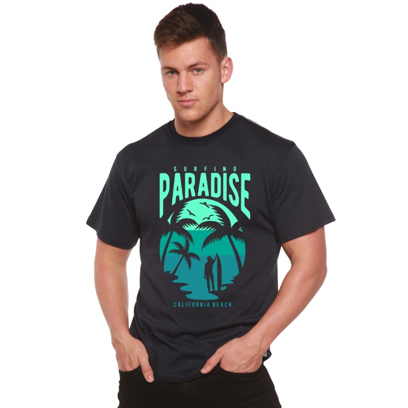 Surfing Paradise California Spun Bamboo Men’s Bamboo Viscose/Organic Cotton Short Sleeve Graphic T-Shirt Medium Black