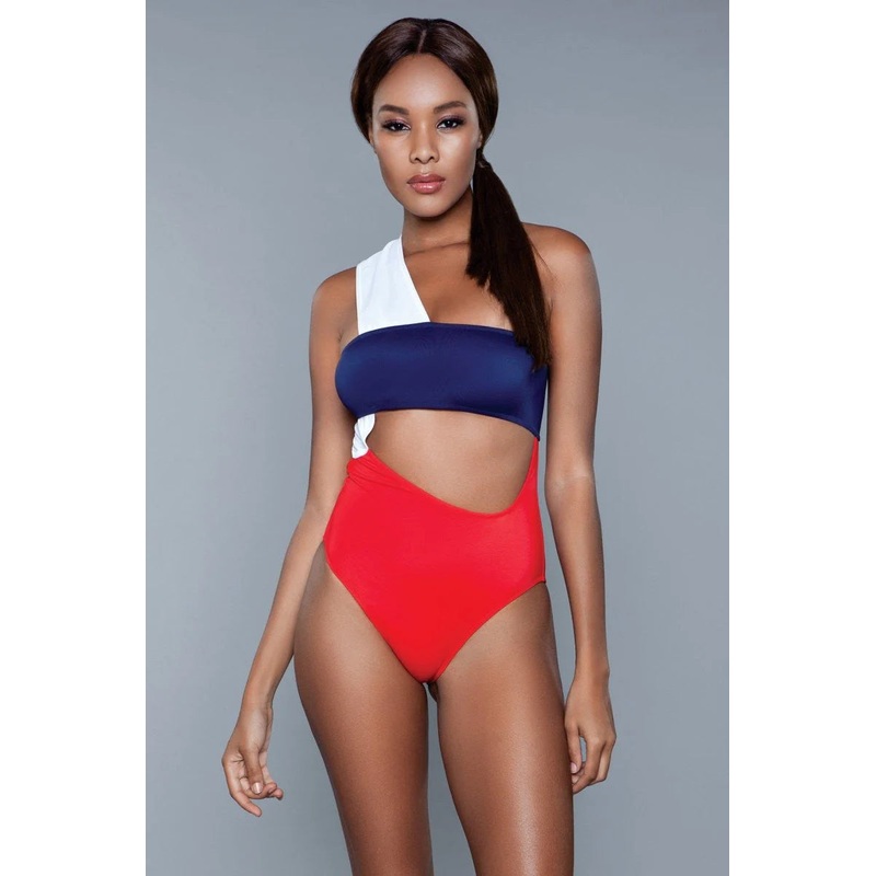 Delilah Sleek Silhouette Swimsuit White/Red/Blue XS