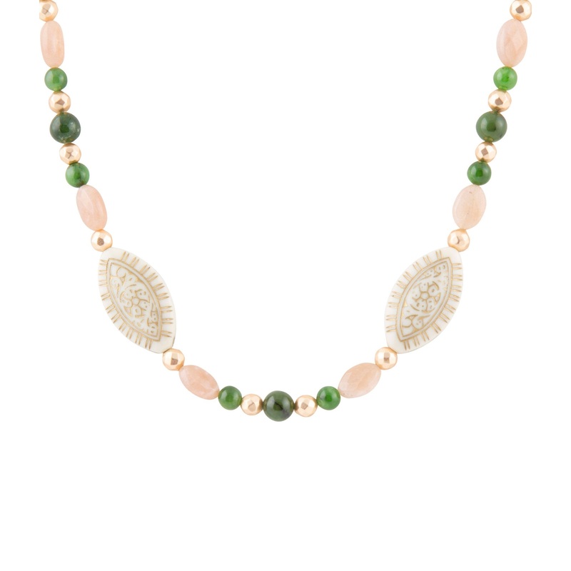 Green Jade and Pink Sunstone Golden Necklace