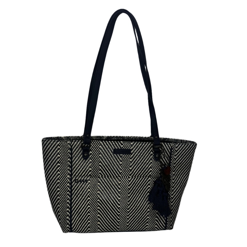 White and Navy Woven Chevron Tote Bag
