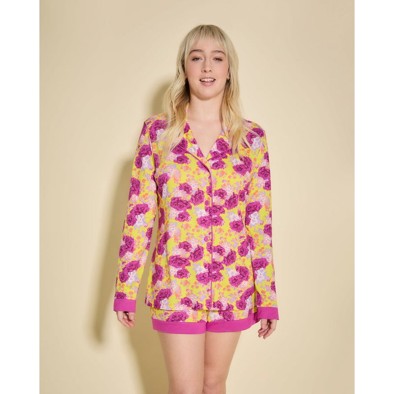 Bedrucktes Langrmeliges Top & Boxer Pyjama-Set Floral Burst/Neon Yellow XS