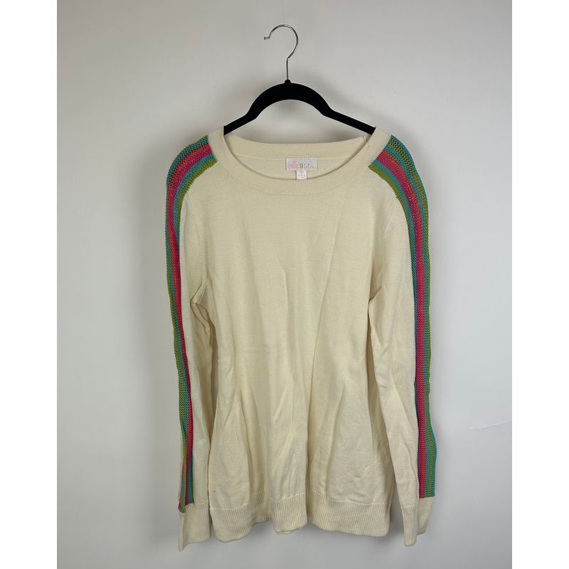 Cream Sweater With Rainbow Knit Crochet Sleeves – Size 6/8