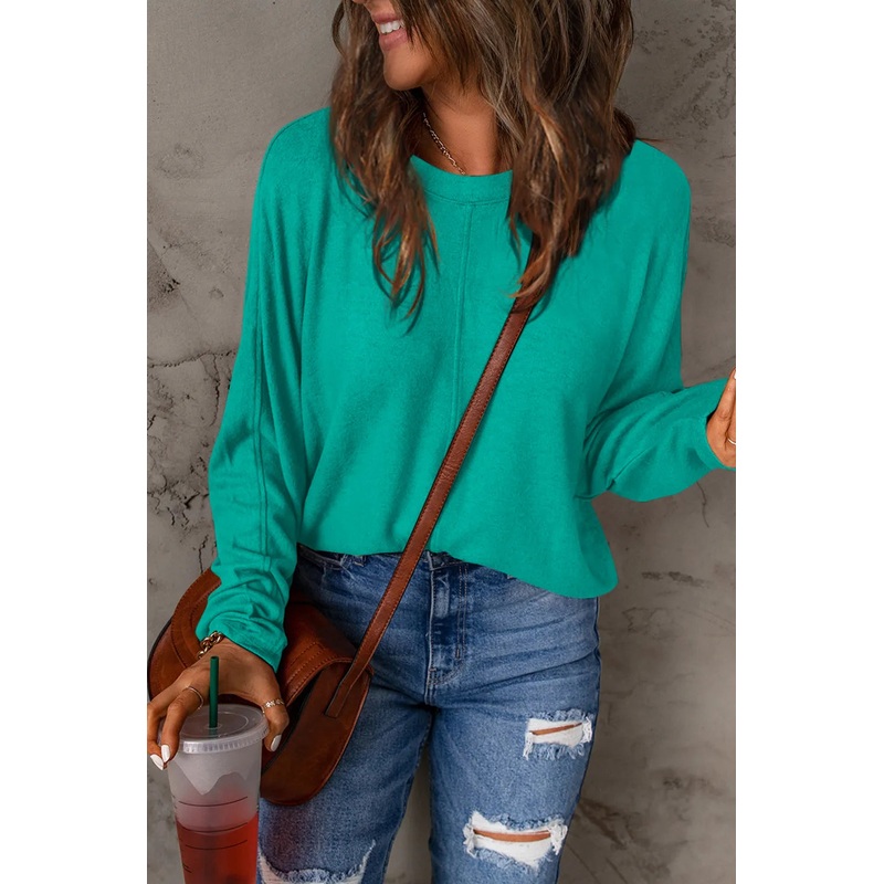 Double Take Full Size Round Neck Long Sleeve T-Shirt Turquoise S