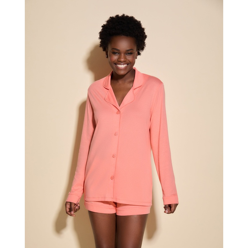 Long Sleeve Top & Boxer Pajama Set CORAL BREEZE/CORAL BREEZE XS