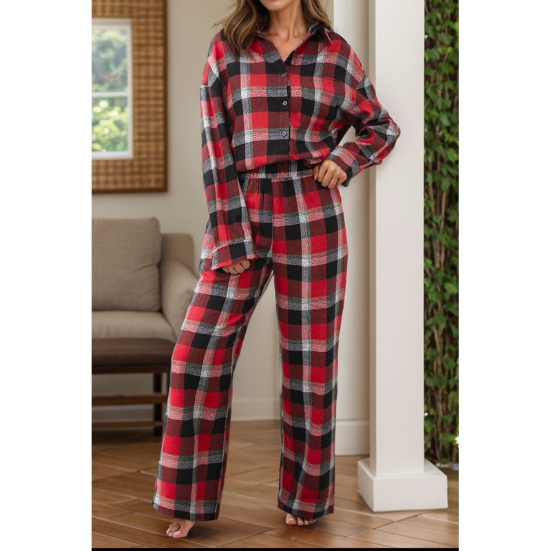 Plaid Long Sleeve Top and Pants Lounge Set Scarlet S