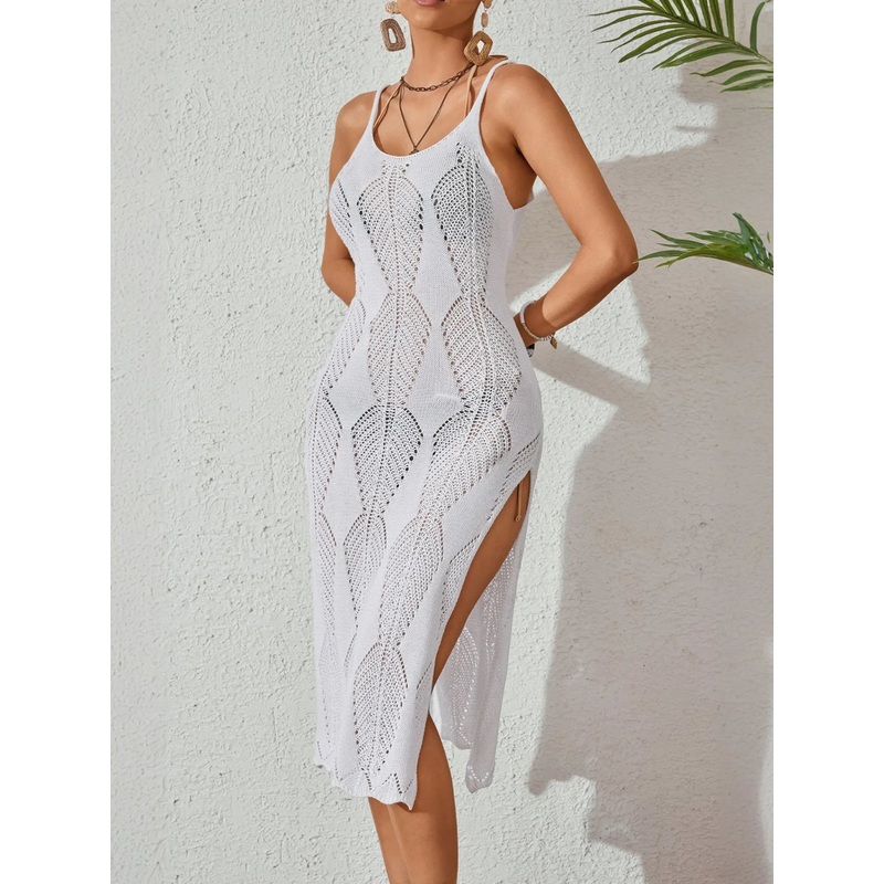 Side Slit Crochet Knit Cover-Up Dress White S