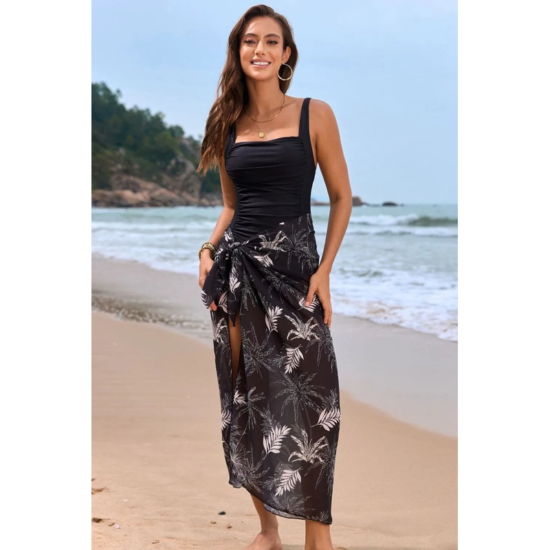 Square Neck Printed One-Piece Swimwear and Cover Up Swim Set Black S