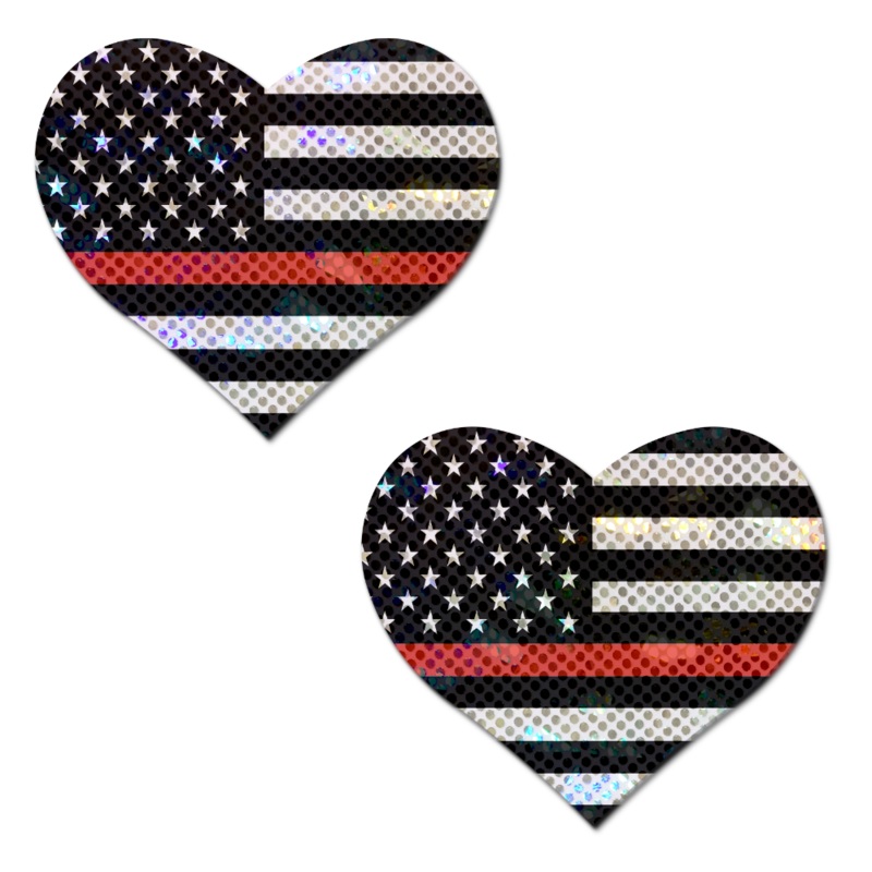 Love: Thin Red Line American Flag Flashy Heart Nipple Pasties by Pastease