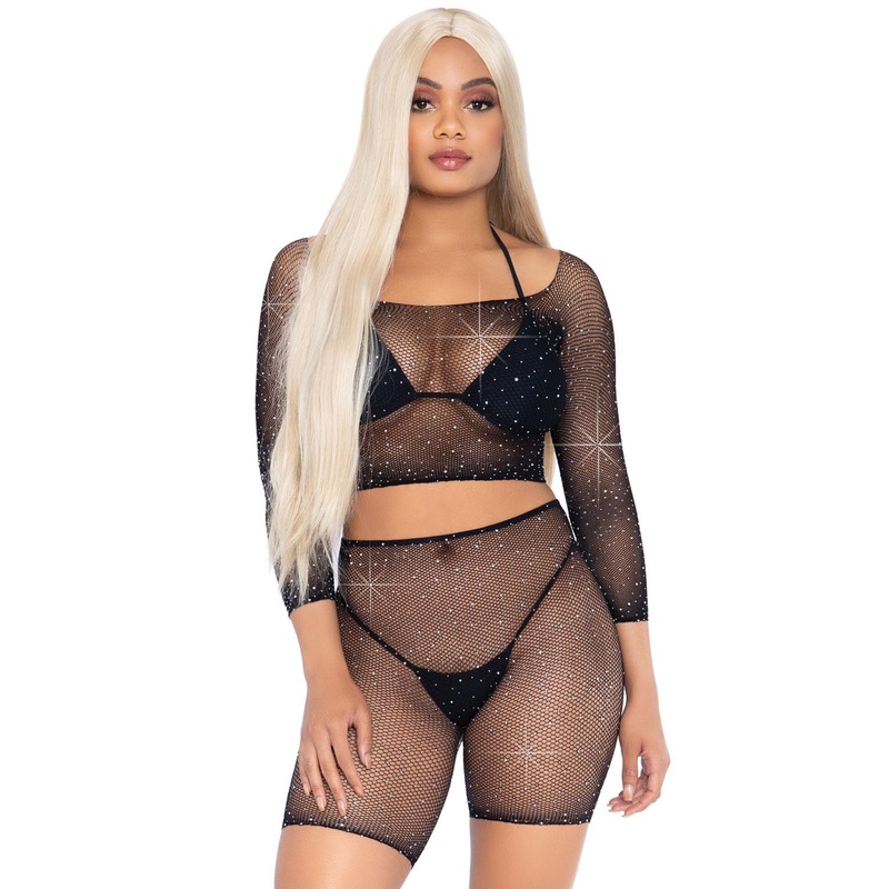 2 Pc Rhinestone Fishnet Crop Top and Biker Shorts – Black – One Size