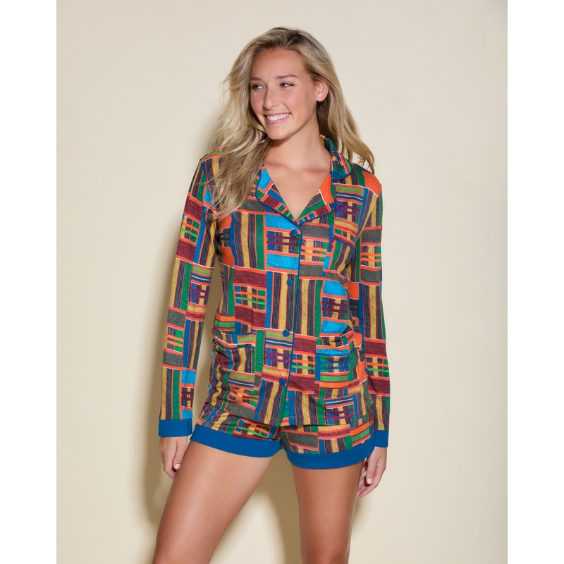 3 Pockets Long Sleeve Top & Boxer Pajama Set Kente XS
