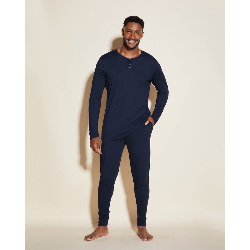 Conjunto De Pijama Para Hombre Con Camiseta Henley Y Pantalones Joggers Azul Marino S