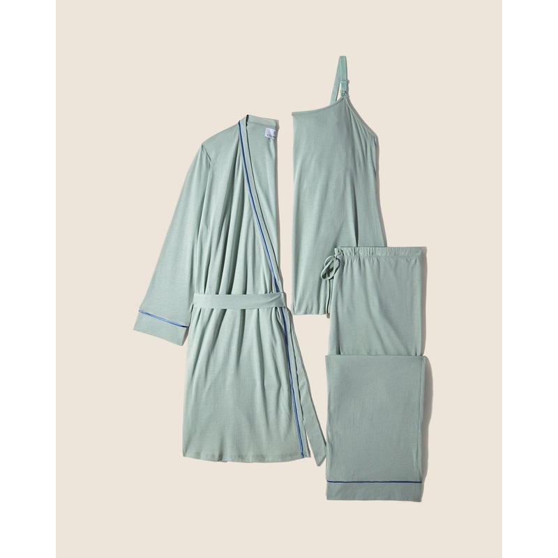 Pyjama-Set Fr Schwangere, 3-Teilig, Mit Bademantel Verde Umbria/Portofino Blue S