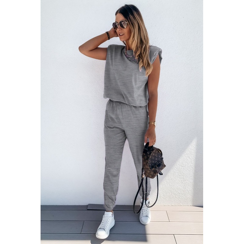 Padded Shoulder Top and Joggers Lounge Set Mid Gray S