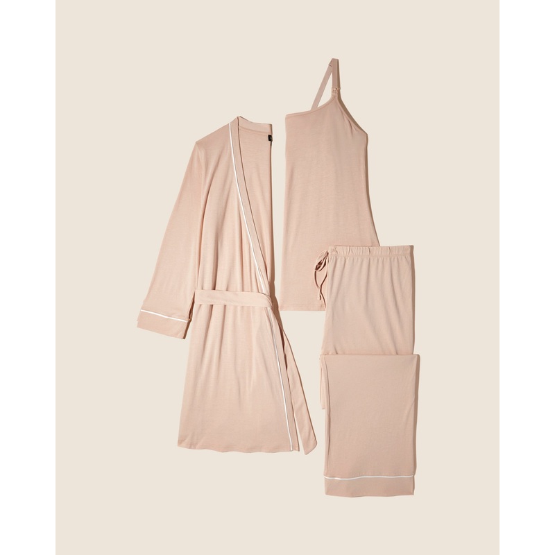 Pyjama-Set Fr Schwangere, 3-Teilig, Mit Bademantel Camel/Moon Ivory S