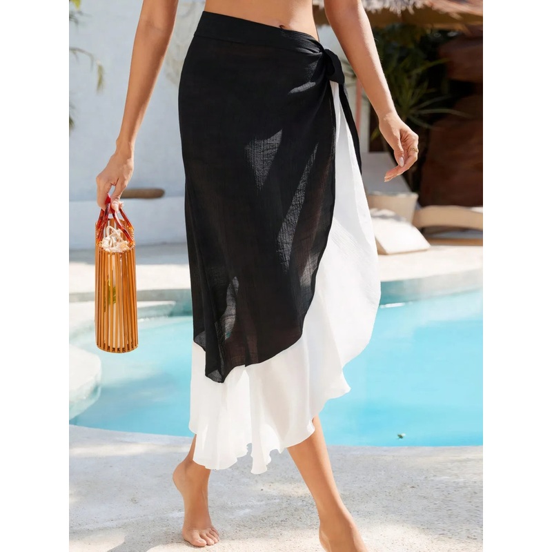 Contrast Tied Swim Cover Up Skirt Black One Size