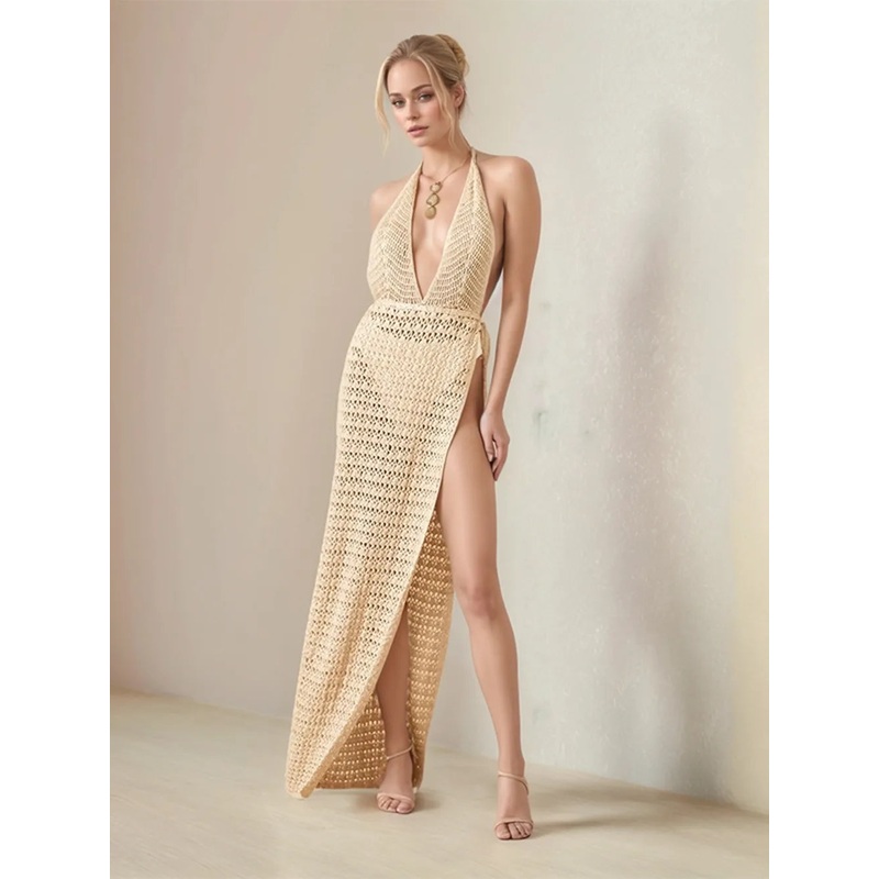 Hollow Out Halter Neck Cover-Up Dress Tan S