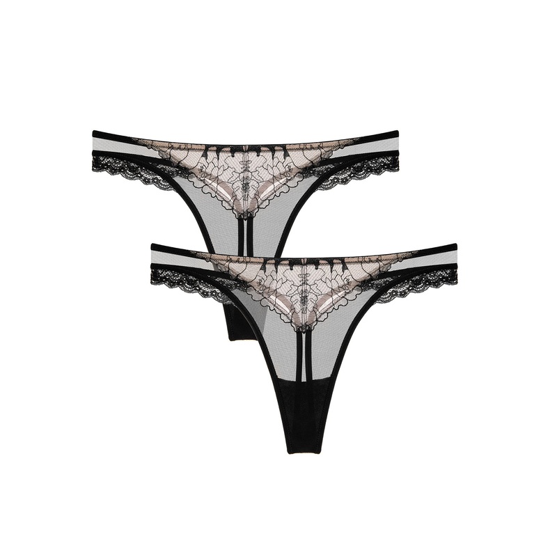 Sexy Embroidered Low Waist 2PCS Black S