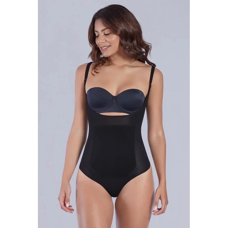SHAPERLOVE Open Bust Thermal Bodysuit Black S