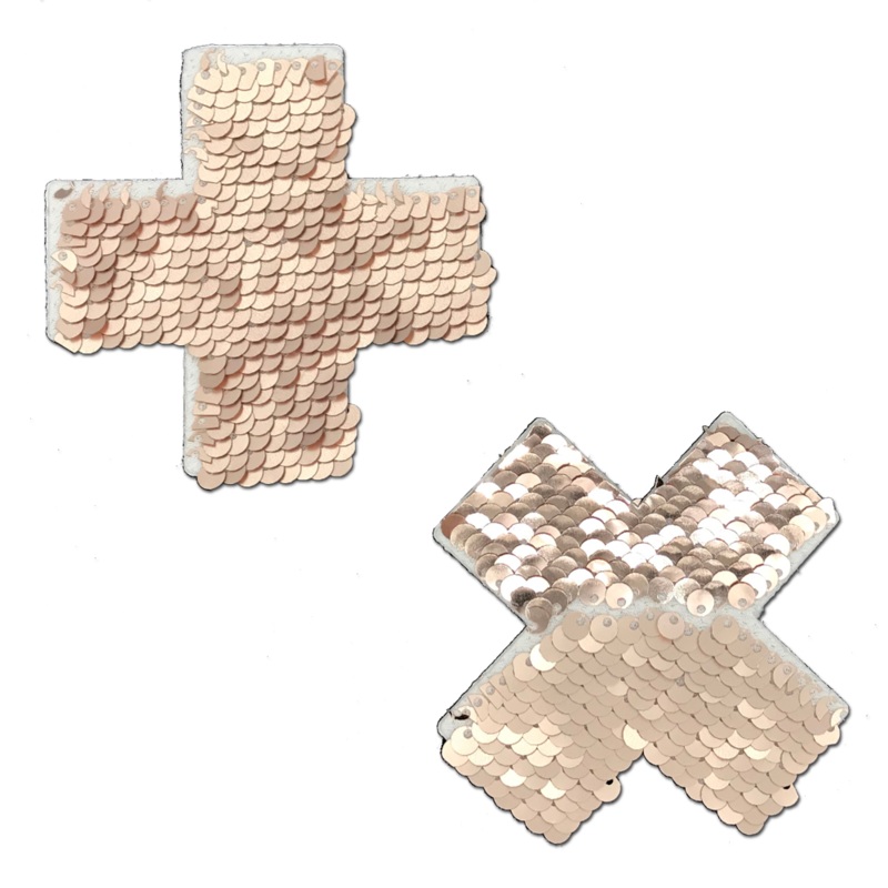 Plus X: Rose Gold Shiny & Matte Flip Sequin Cross Nipple Pasties by Pastease