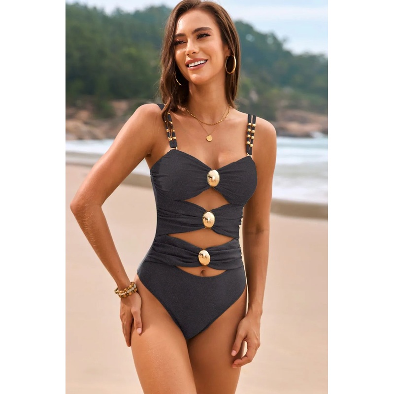 Cutout Ruched Sweetheart Neck One-Piece Swimwear Black S
