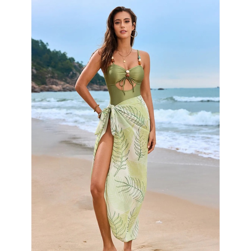 Cutout Sweetheart Neck One-Piece Swimwear and Cover-Up Swim Set Matcha Green S