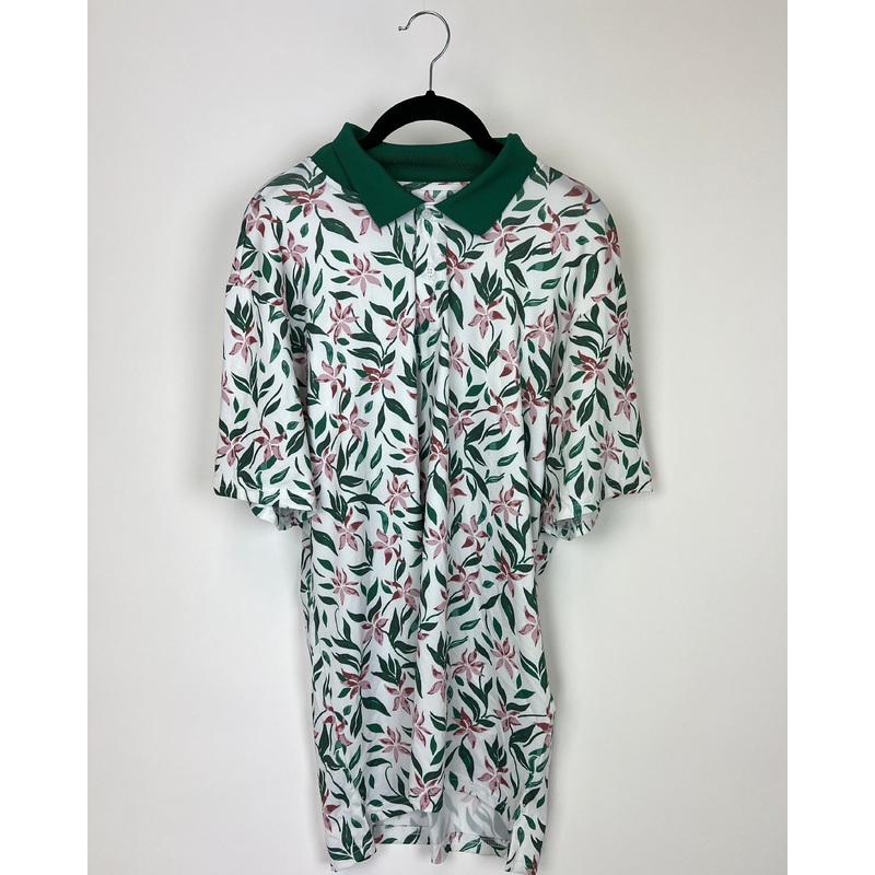 MENS White, Pink, & Green Floral Printed Golf Shirt – Slim Fit Medium and Slim Fit Large Slim Fit Medium