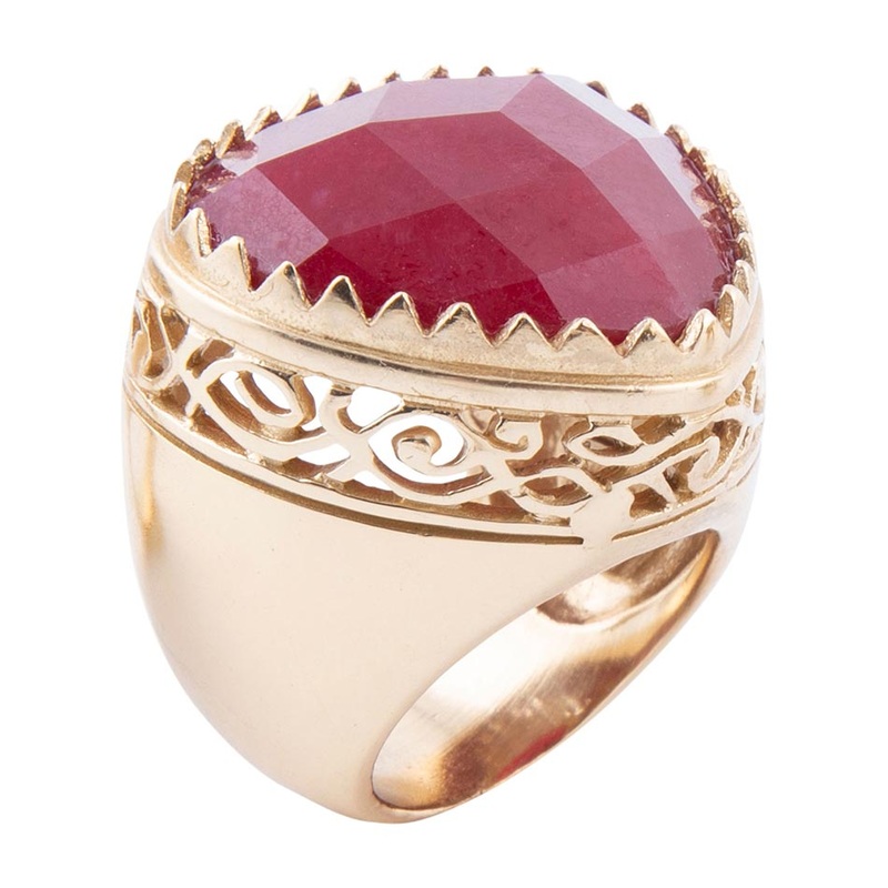 Filigreed Merlot Red Quarrtz Golden Statement Ring 7