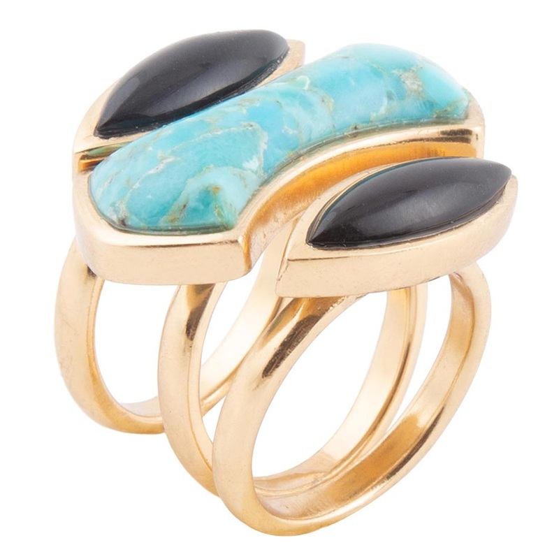 Puzzle Blue Turquoise and Black Onyx Golden Ring Set 7