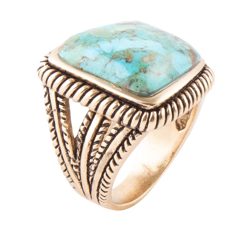 Roped Square Blue Turquoise Golden Statement Ring 7