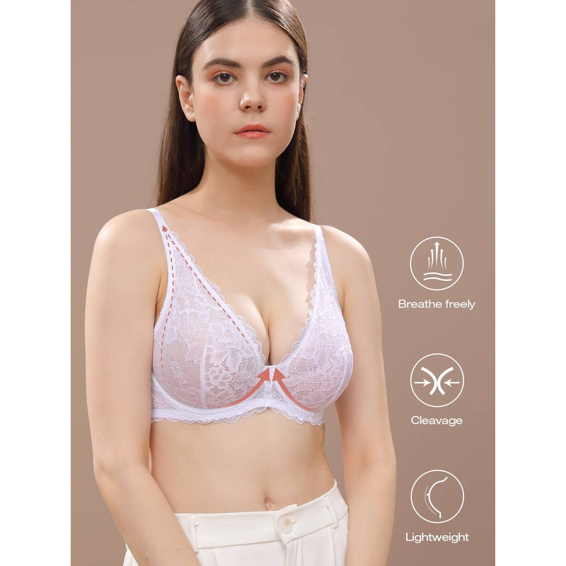 Sexy Unpadded Mesh Sheer Lace V Plunge Bra White 32B/70B