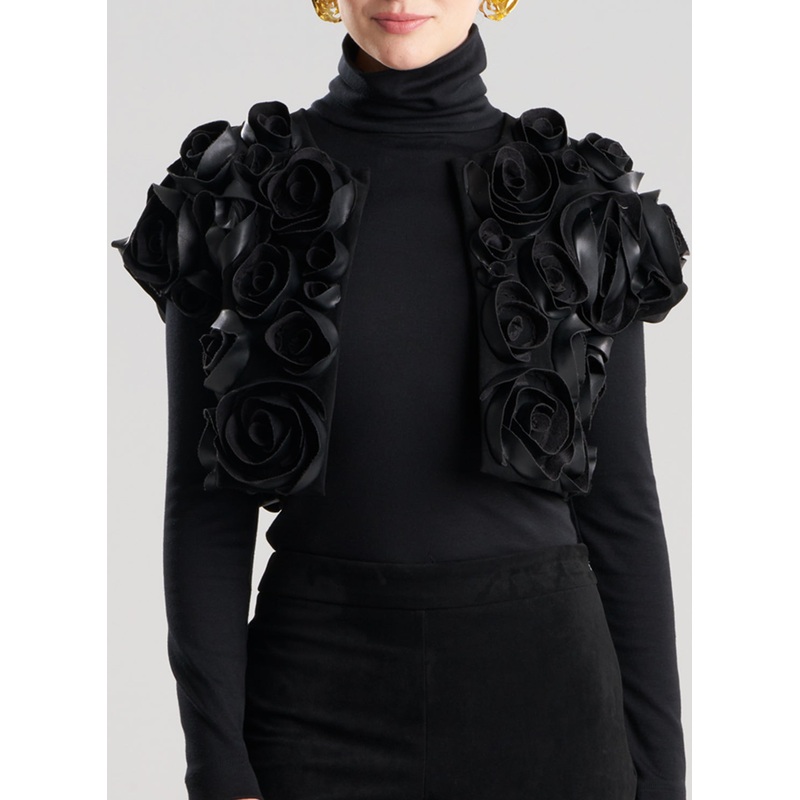 Vegan Luxe Suede Black Vest with 3D Floral Embroidery Black XS