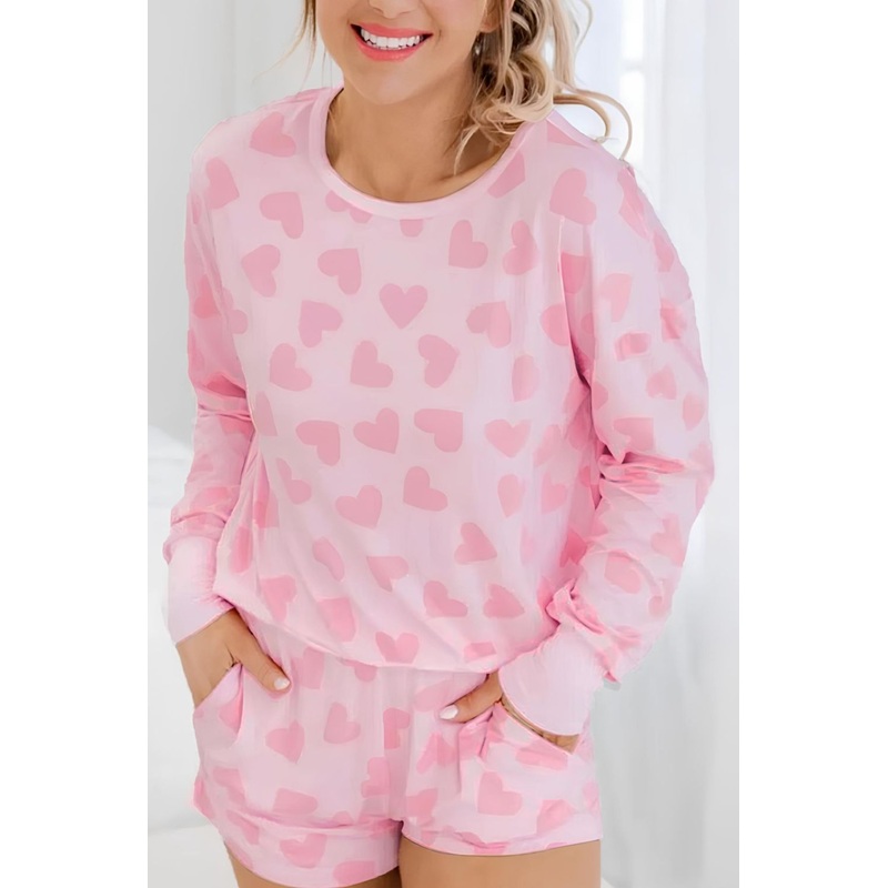 Heart Print Long Sleeve Top and Shorts Lounge Set Blush Pink S