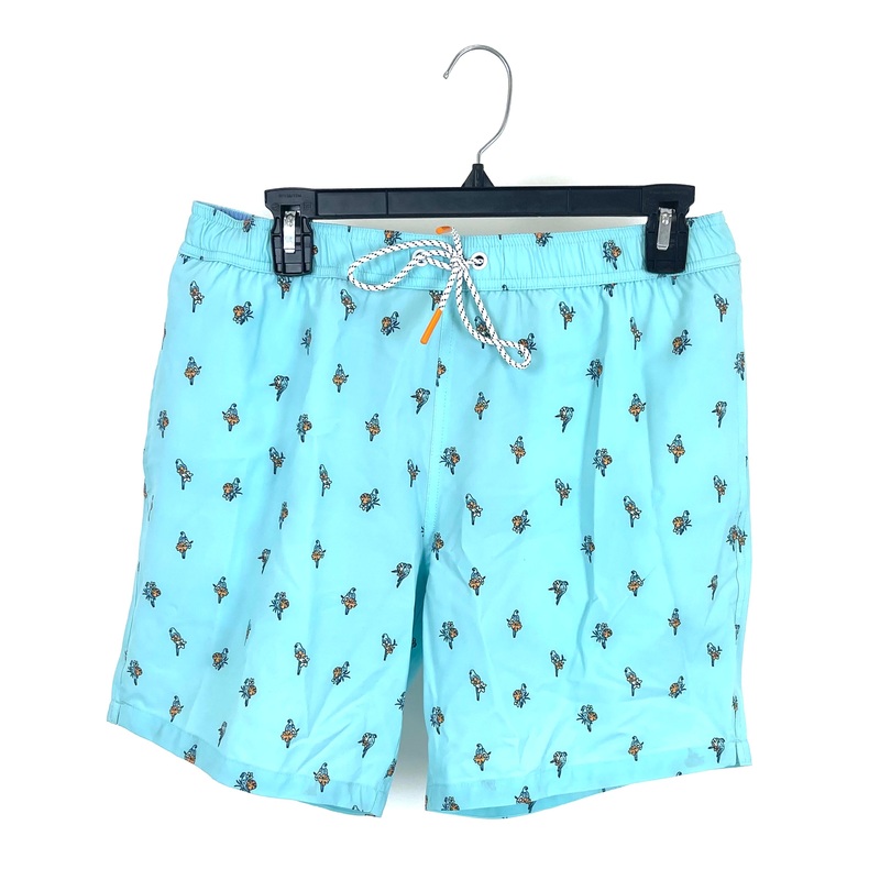 MENS Teal Swim Shorts With Small Birds – Medium Size Medium – 5″ Inseam