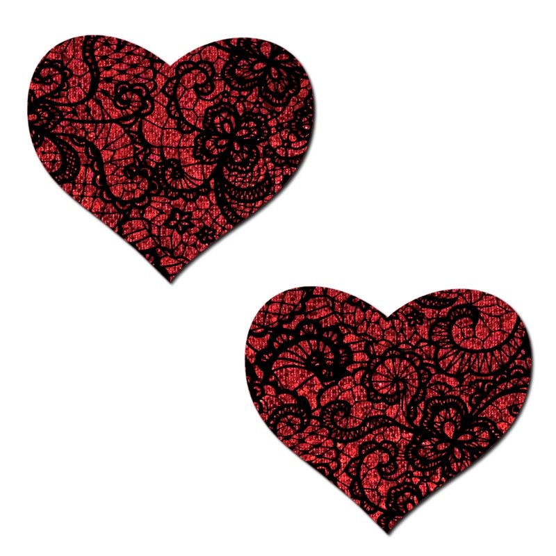 Red Glitter Heart with Black Lace overlay Nipple Pasties by Pastease Red