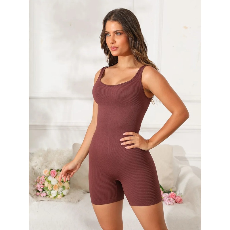 Scoop Neck Wide Strap Active Romper Dark Brown S